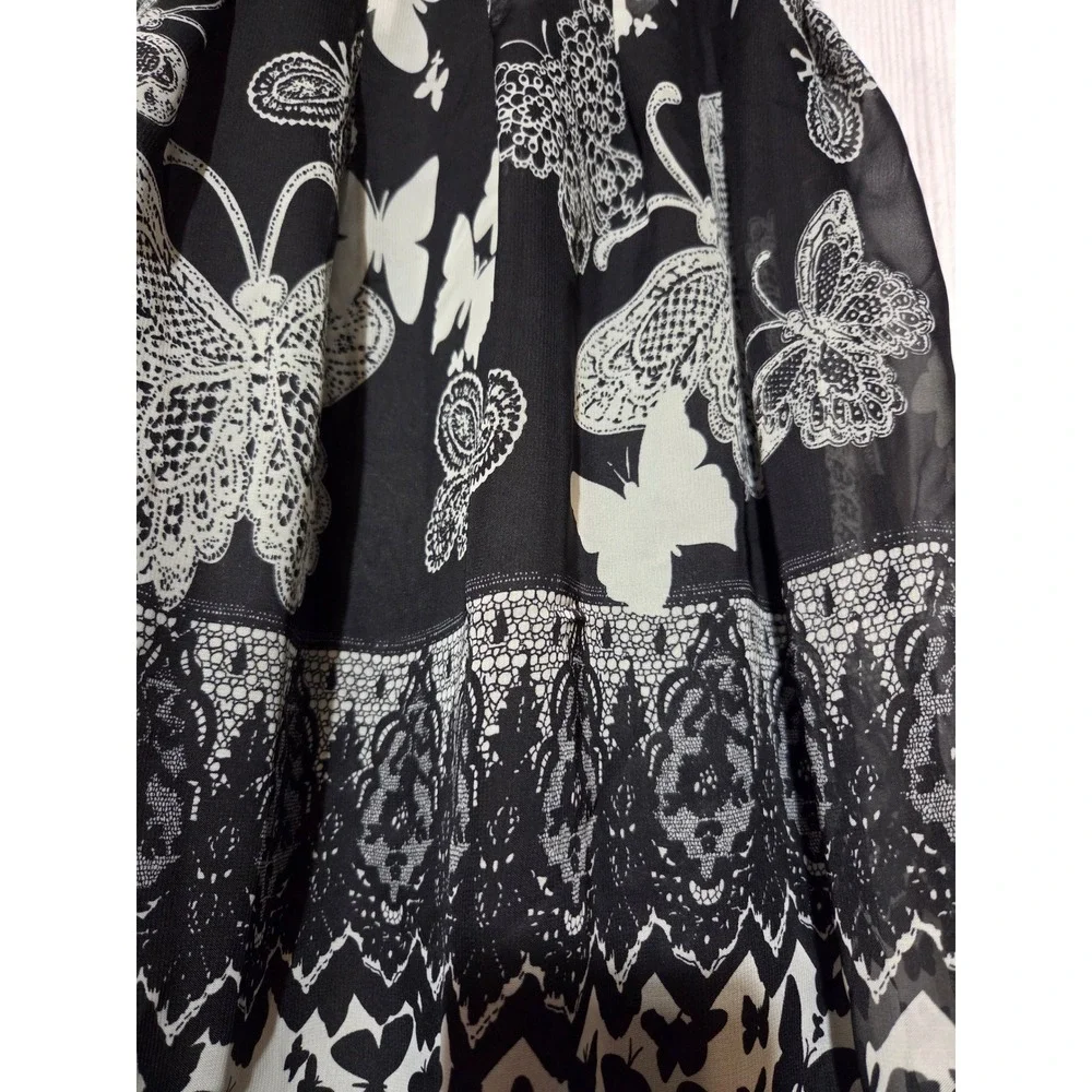 Butterfly‎ Print Chiffon Skirt Black White Lace Border Knee Length Womens 8